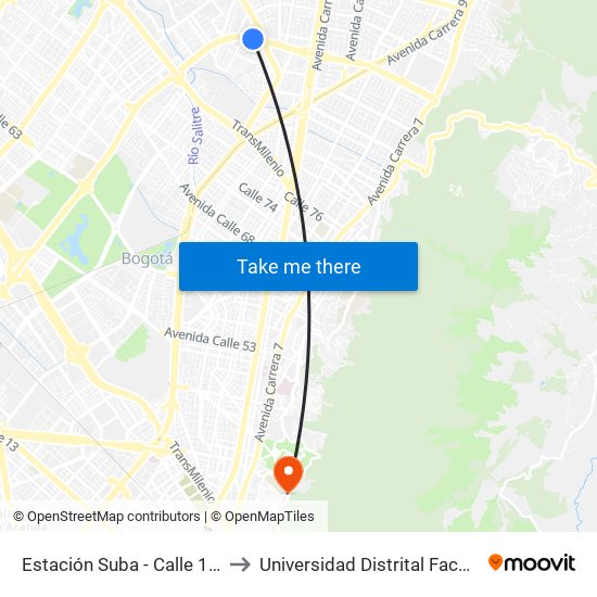 Estación Suba - Calle 100 (Ac 100 - Kr 62) (C) to Universidad Distrital Facultad Del Medio Ambiente map