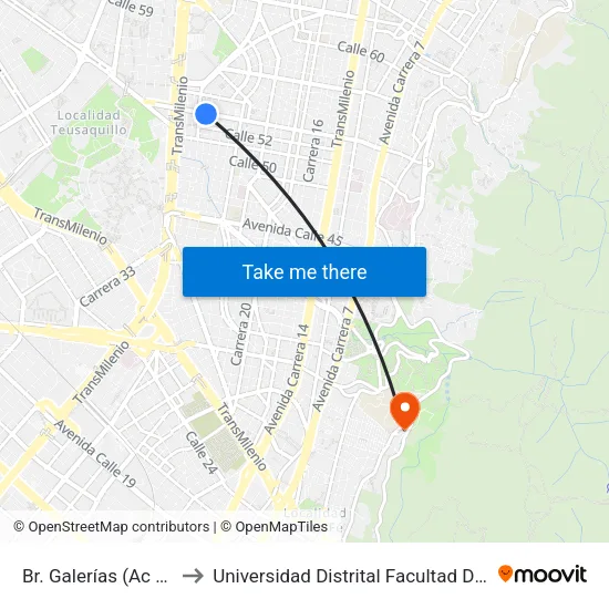 Br. Galerías (Ac 53 - Kr 27a) to Universidad Distrital Facultad Del Medio Ambiente map