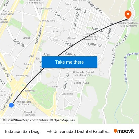 Estación San Diego (Cl 24 - Ak 10) to Universidad Distrital Facultad Del Medio Ambiente map