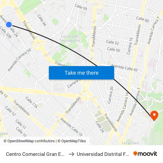 Centro Comercial Gran Estación (Av. Esperanza - Ak 60) to Universidad Distrital Facultad Del Medio Ambiente map