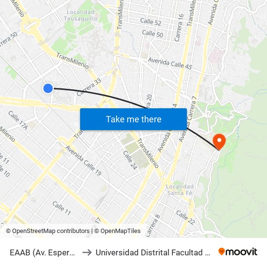 EAAB (Av. Esperanza - Kr 37) to Universidad Distrital Facultad Del Medio Ambiente map