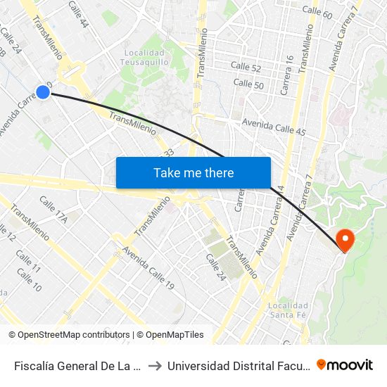 Fiscalía General De La Nación (Ak 50 - Ac 24) to Universidad Distrital Facultad Del Medio Ambiente map