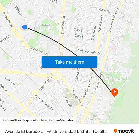 Avenida El Dorado (Ak 50 - Ac 26) to Universidad Distrital Facultad Del Medio Ambiente map