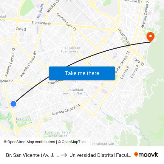 Br. San Vicente (Av. J. Gaitán C. - Cl 54 Sur) to Universidad Distrital Facultad Del Medio Ambiente map
