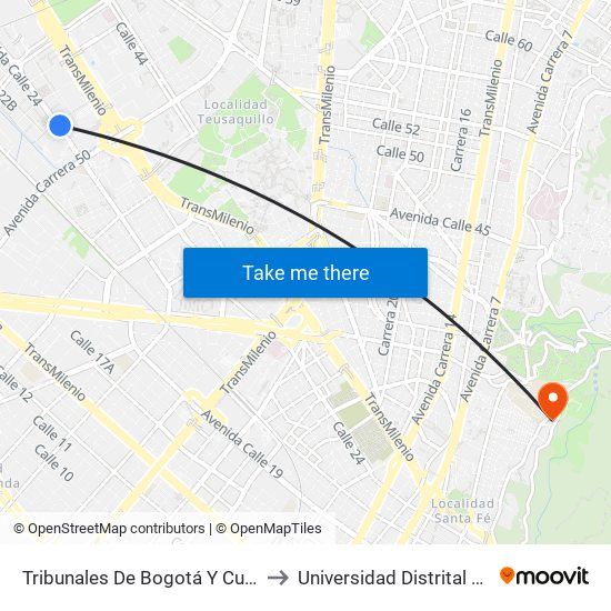 Tribunales De Bogotá Y Cundinamarca (Av. Esperanza - Kr 53) to Universidad Distrital Facultad Del Medio Ambiente map