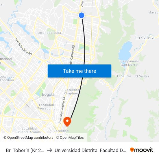 Br. Toberín (Kr 21 - Cl 169) to Universidad Distrital Facultad Del Medio Ambiente map