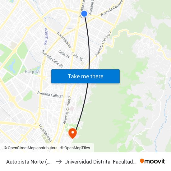 Autopista Norte (Ac 100 - Kr 21) to Universidad Distrital Facultad Del Medio Ambiente map