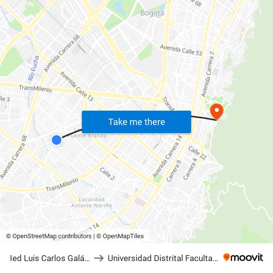 Ied Luis Carlos Galán (Ak 50 - Cl 1g) to Universidad Distrital Facultad Del Medio Ambiente map