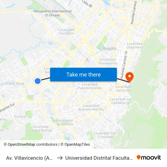 Av. Villavicencio (Av. V/cio - Kr 79c) to Universidad Distrital Facultad Del Medio Ambiente map
