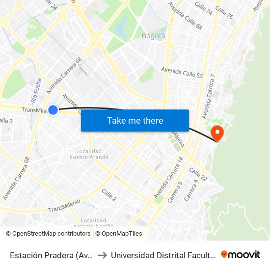Estación Pradera (Av. Américas - Kr 65) to Universidad Distrital Facultad Del Medio Ambiente map