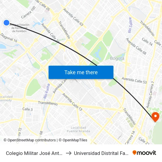 Colegio Militar José Antonio Galán (Cl 17 - Kr 103b) to Universidad Distrital Facultad Del Medio Ambiente map
