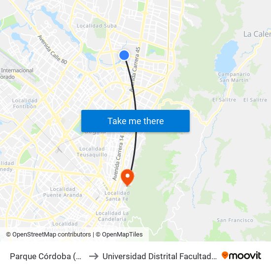 Parque Córdoba (Ac 127 - Kr 54) to Universidad Distrital Facultad Del Medio Ambiente map