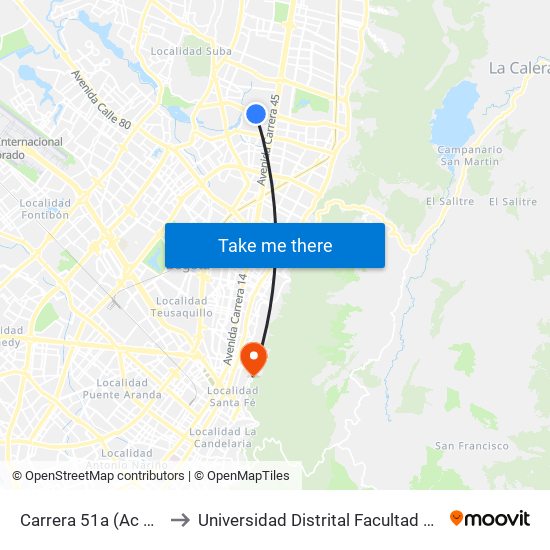 Carrera 51a (Ac 127 - Kr 51a) to Universidad Distrital Facultad Del Medio Ambiente map