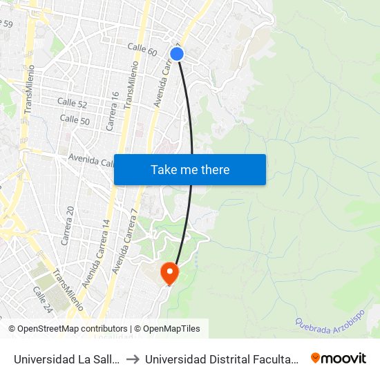 Universidad La Salle (Ak 7 - Cl 61) to Universidad Distrital Facultad Del Medio Ambiente map