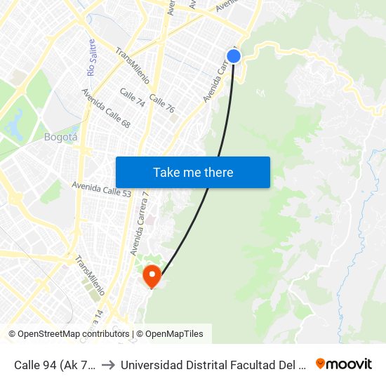 Calle 94 (Ak 7 - Cl 94) to Universidad Distrital Facultad Del Medio Ambiente map