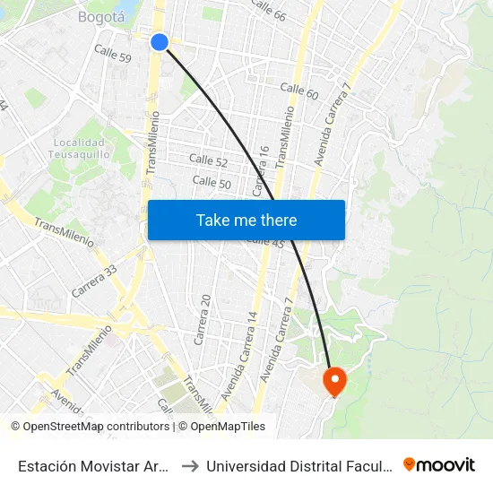 Estación Movistar Arena (Av. NQS - Cl 62) to Universidad Distrital Facultad Del Medio Ambiente map