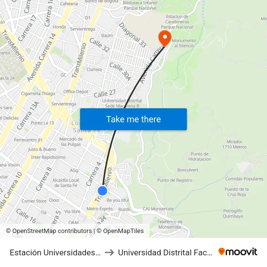 Estación Universidades - City U (Kr 3 - Cl 21) (A) to Universidad Distrital Facultad Del Medio Ambiente map