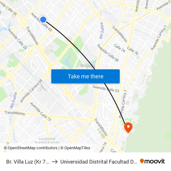 Br. Villa Luz (Kr 77a - Cl 63c) to Universidad Distrital Facultad Del Medio Ambiente map