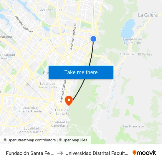 Fundación Santa Fe (Ak 7 - Cl 118) (B) to Universidad Distrital Facultad Del Medio Ambiente map