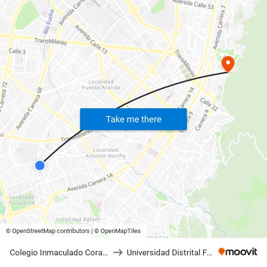 Colegio Inmaculado Corazón De María (Ac 44 Sur - Kr 29) to Universidad Distrital Facultad Del Medio Ambiente map