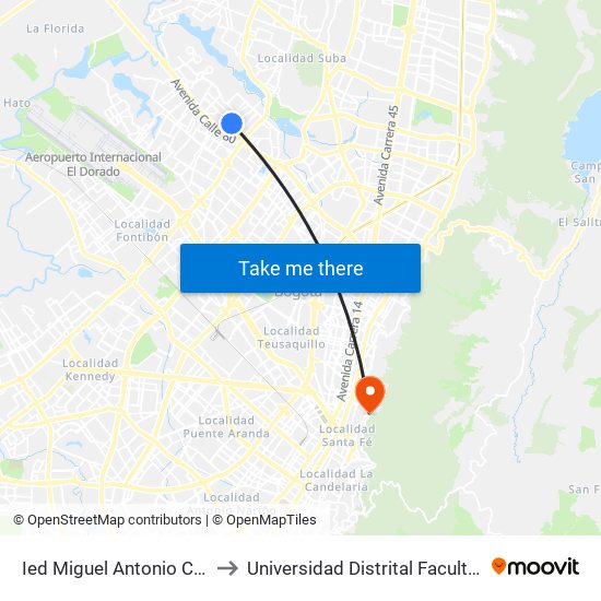 Ied Miguel Antonio Caro (Tv 94 - Cl 82a) to Universidad Distrital Facultad Del Medio Ambiente map