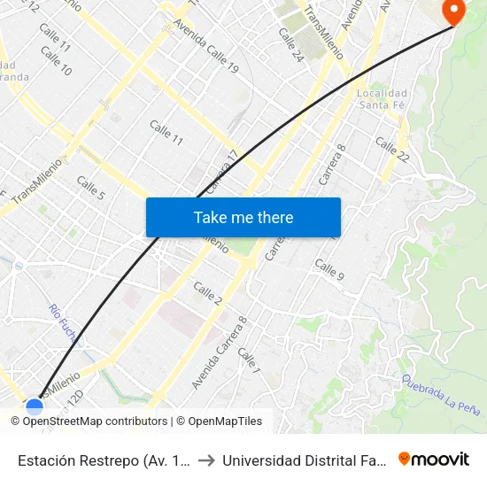 Estación Restrepo (Av. 1 De Mayo - Av. Caracas) (A) to Universidad Distrital Facultad Del Medio Ambiente map