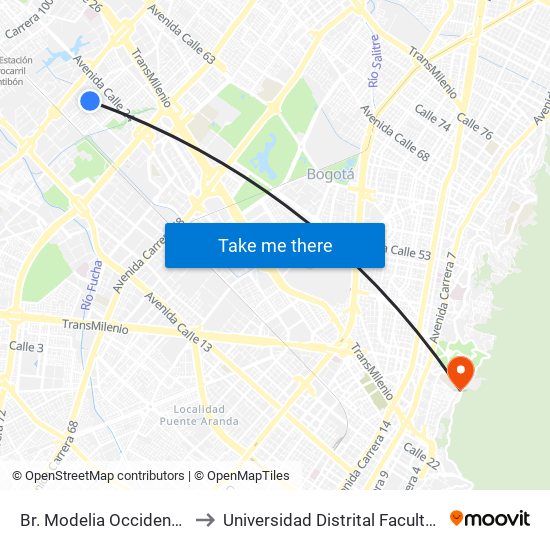 Br. Modelia Occidental (Kr 82 - Cl 23b) to Universidad Distrital Facultad Del Medio Ambiente map