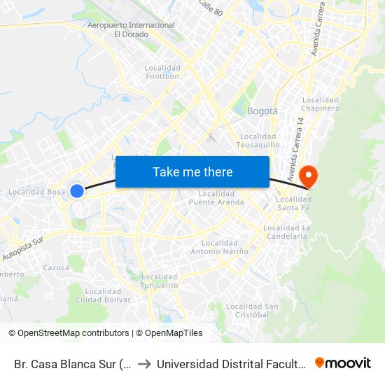 Br. Casa Blanca Sur (Cl 54 Sur - Kr 80d) to Universidad Distrital Facultad Del Medio Ambiente map
