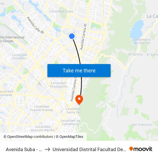 Avenida Suba - Calle 116 to Universidad Distrital Facultad Del Medio Ambiente map