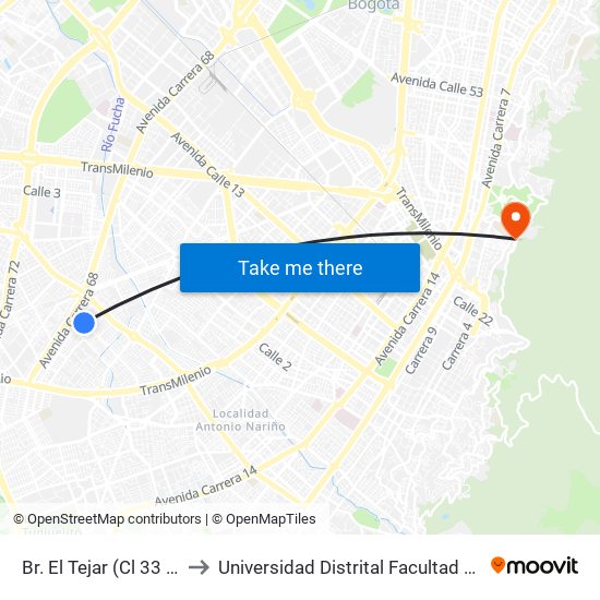 Br. El Tejar (Cl 33 Sur - Kr 52b) to Universidad Distrital Facultad Del Medio Ambiente map