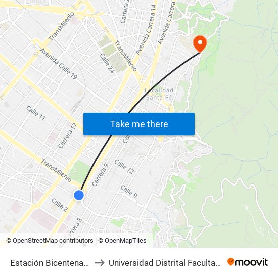 Estación Bicentenario (Ak 10 - Cl 4) to Universidad Distrital Facultad Del Medio Ambiente map