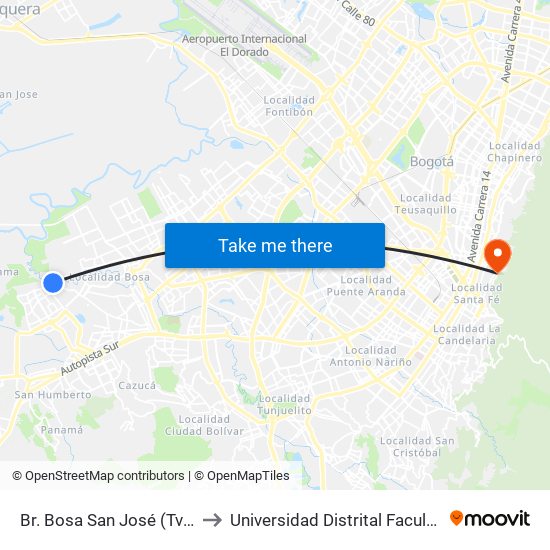 Br. Bosa San José (Tv 80i - Dg 90 Sur) (A) to Universidad Distrital Facultad Del Medio Ambiente map