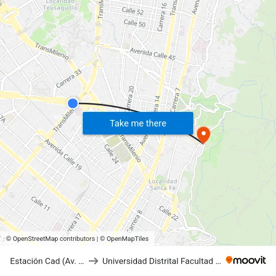 Estación Cad (Av. NQS - Cl 22c) to Universidad Distrital Facultad Del Medio Ambiente map