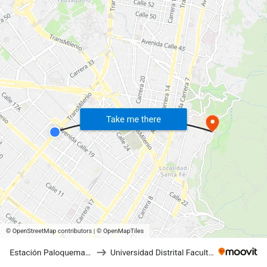 Estación Paloquemao (Av. NQS - Cl 17a) to Universidad Distrital Facultad Del Medio Ambiente map
