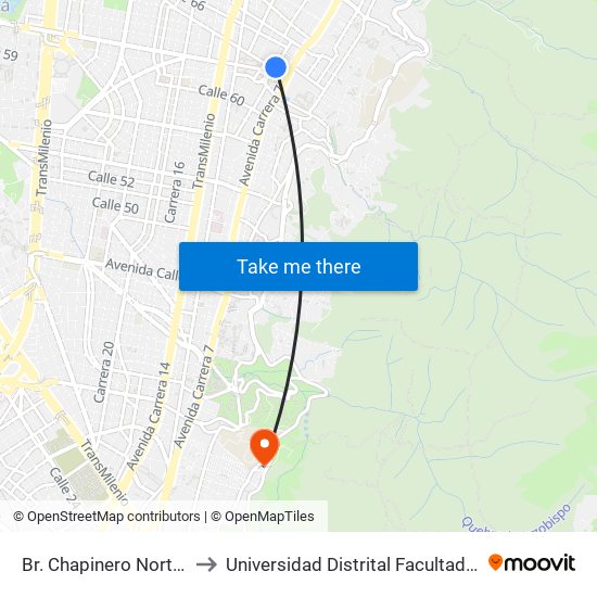 Br. Chapinero Norte (Kr 9 - Cl 64) to Universidad Distrital Facultad Del Medio Ambiente map