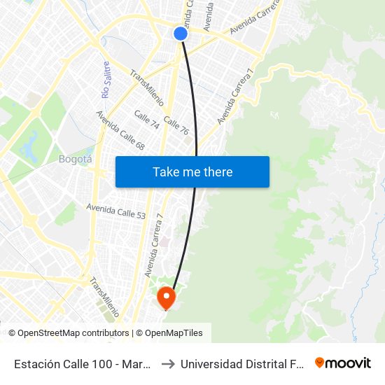 Estación Calle 100 - Marketmedios (Auto Norte - Cl 95) to Universidad Distrital Facultad Del Medio Ambiente map