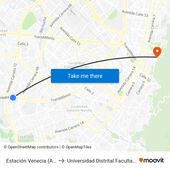 Estación Venecia (Auto Sur - Kr 54a) to Universidad Distrital Facultad Del Medio Ambiente map