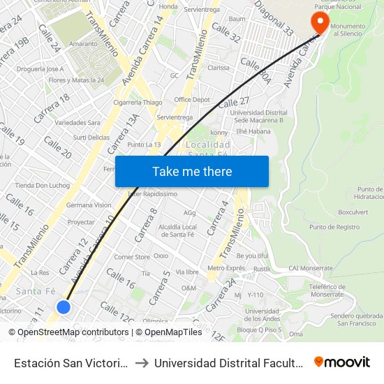 Estación San Victorino (Ak 10 - Cl 12) to Universidad Distrital Facultad Del Medio Ambiente map