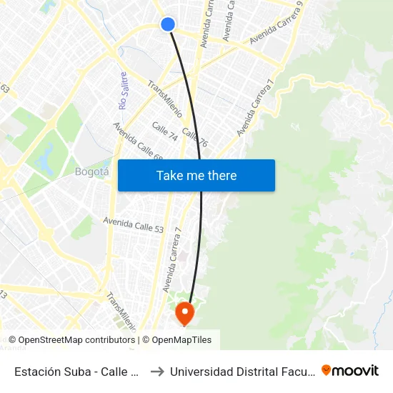 Estación Suba - Calle 100 (Av. Suba - Ac 100) to Universidad Distrital Facultad Del Medio Ambiente map