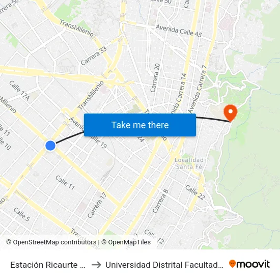 Estación Ricaurte (Ac 13 - Kr 29) to Universidad Distrital Facultad Del Medio Ambiente map