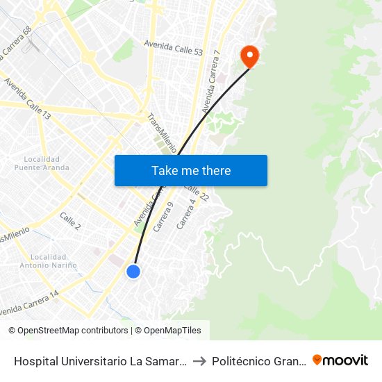 Hospital Universitario La Samaritana (Kr 8 - Cl 0 Sur) to Politécnico Grancolombiano map