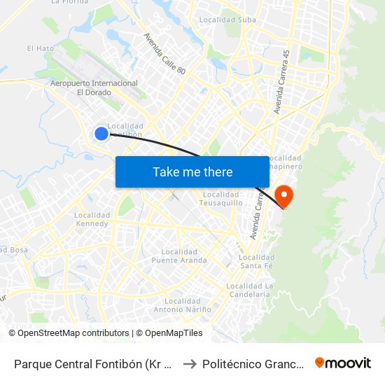 Parque Central Fontibón (Kr 99 - Cl 17a) (B) to Politécnico Grancolombiano map