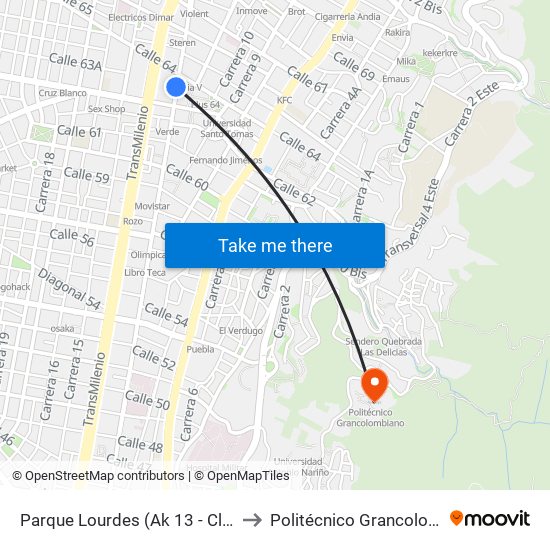 Parque Lourdes (Ak 13 - Cl 63a) (B) to Politécnico Grancolombiano map