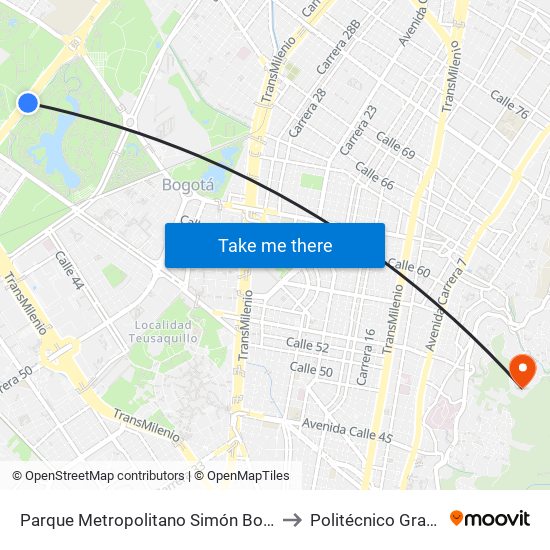 Parque Metropolitano Simón Bolívar (Ak 68 - Cl 53) (D) to Politécnico Grancolombiano map