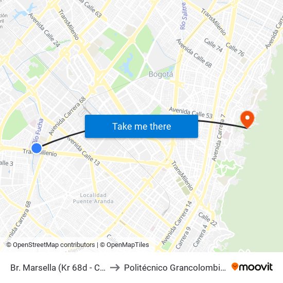Br. Marsella (Kr 68d - Cl 6) to Politécnico Grancolombiano map