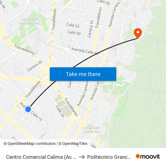 Centro Comercial Calima (Ac 19 - Kr 27) (B) to Politécnico Grancolombiano map