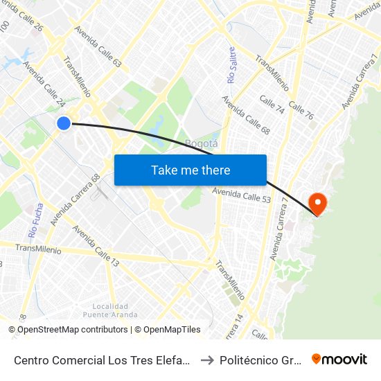 Centro Comercial Los Tres Elefantes (Av. Boyacá - Cl 23) (C) to Politécnico Grancolombiano map