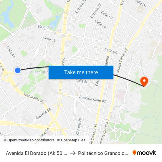 Avenida El Dorado (Ak 50 - Ac 26) to Politécnico Grancolombiano map