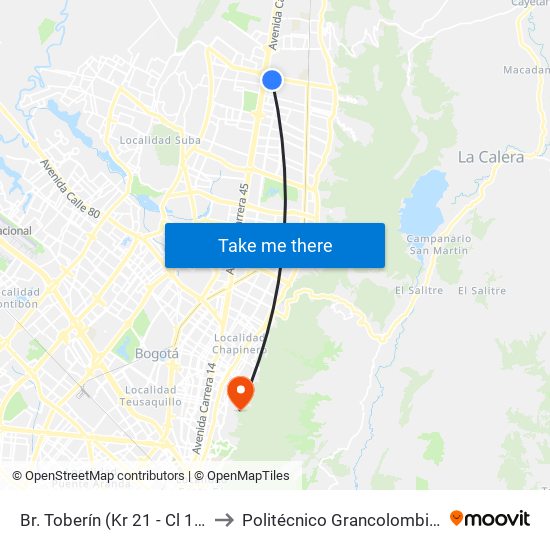 Br. Toberín (Kr 21 - Cl 169) to Politécnico Grancolombiano map