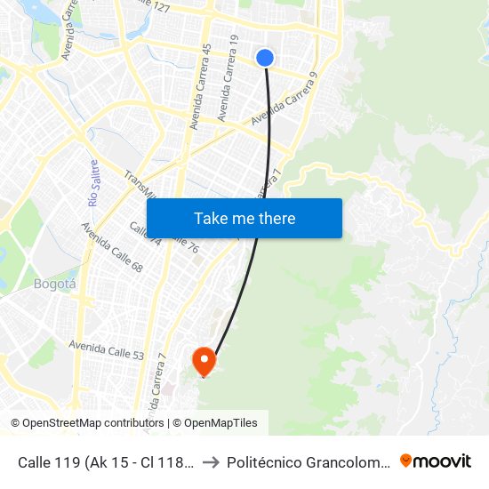 Calle 119 (Ak 15 - Cl 118a) (A) to Politécnico Grancolombiano map